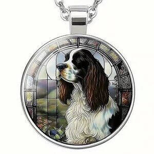Silver SPANIEL Dog Glass Cabochon Pendant Necklace